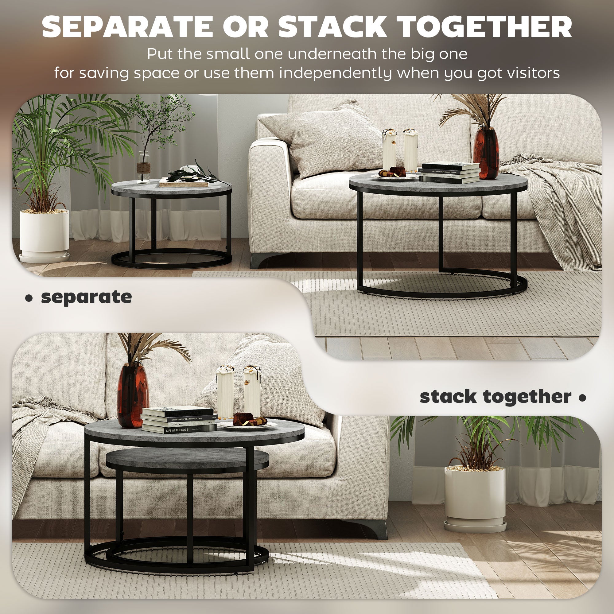 HOMCOM Set of Two Marble-Effect Stacking Tables - Grey/Black